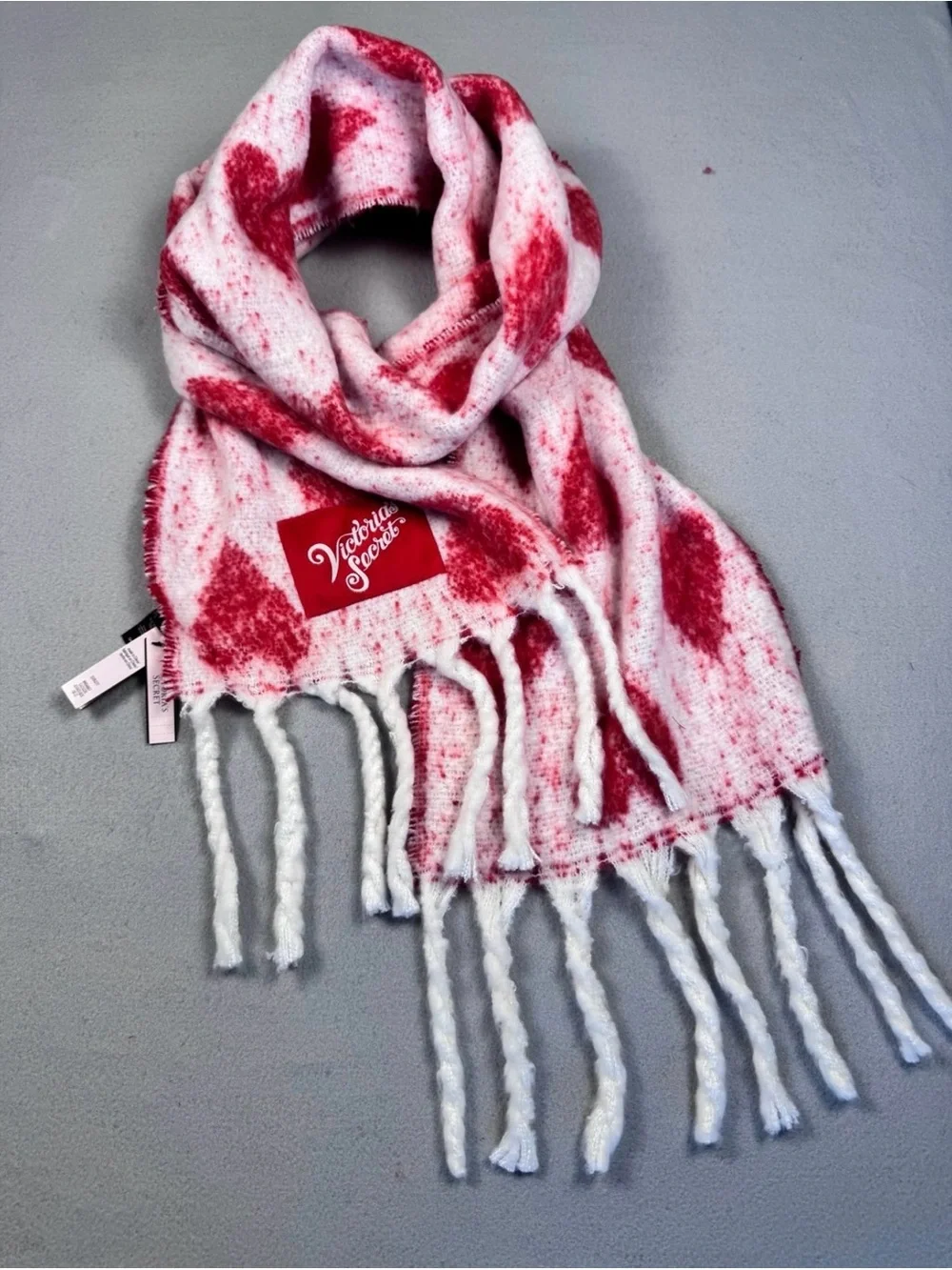 Victoria's Secret White and Red hearts Fringe Blanket Scarf